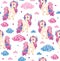 Vector cute seamless pattern, unicorns and clouds.