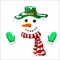 vector cute simple xmas snowman illustration. snowman face with green hat striped holiday scarf and mittens isolated on white.