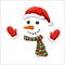 Vector cute simple xmas snowman illustration. snowman face with red santa hat striped holiday scarf and mittens isolated on white