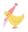 Vector cute singing chicken in birthday hat. Funny b-day bird for card, poster, print design. Bright holiday illustration for kids