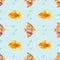 Vector cute tiny goldfishes and shiny exotic fishes seamless pattern. Colorful kids aquarium background with bubbles