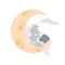 Vector cute unicorn sleeping at cloud in hat