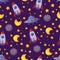 Vector dark purple seamless pattern with cute cartoon rockets, UFO, moon and stars.