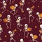 Vector dark red dancing and plating music skeletons band Haloween repeat pattern background. Great for spooky fun party