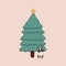 Vector of a decorated Christmas tree and with a Boston Terrier breed dog next to it.