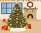 Vector Decorated Christmas Tree, Xmas Gifts and Fireplace