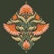 Vector decorative illustration of flower arrangement. Folk art card with symmetrical orange flowers and stems and foliage