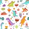 Vector decorative pattern. Funny dinosaurs