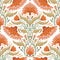 Vector decorative seamless pattern with flower arrangement in pastel colors. Folk art texture with symmetrical orange flowers and