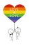 Vector design of gay men couple in love holding heart shaped balloon. Love is love. LGBTQ