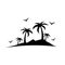 vector design illustration of beach scene, island with coconut trees and birds.