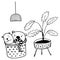 Vector design set of basket with toys and indoor plant