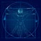Vector design, of the Vitruvian Man, an original work by Leonardo, with futuristic elements and colors. Easy to edit and change