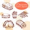 Vector desserts elements in hand drawn style. Delicious food. Art illustration.