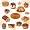 Vector desserts elements in hand drawn style. Delicious food. Art illustration. Sweet pastry for your design in cafe menu, poster