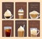 Vector different filled coffee cups card templates with place for text