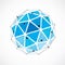 Vector dimensional wireframe low poly object, blue spherical shape with black grid. Technology 3d mesh element made using