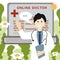 Vector, Doctor online concept. Doctor in a robe waving his hand and wants to help, consults on the laptop