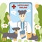 Vector, Doctor  vetclinic online concept. Doctor in a robe waving his hand and wants to help, consults on the phone. Dog and cat