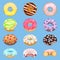 Vector donut food and glazed sweet dessert with sugar or chocolate in bakery illustration doughnut set of colorful