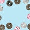 Vector Donuts watercolor Frame. blue background Space for text, Hand drawn for Greeting Card, Packaging , Bakery Shop and more