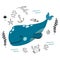 Vector doodle blue whale underwater life pattern