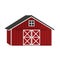 Vector doodle cartoon single red wooden barn house with triangular gray roof, window and doors with crossed white boards. Outline