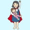Vector of doodle flat design cartoon character mommy hold her daughter in her arms kids love her superhero mother, the red cover