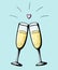 Vector doodle hand drawn illustration of two champagne glasses couple love drink cheers wineglasses sparkling wine on