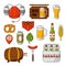 Vector doodle icons. Set of beer symbols. Beer helmet, mug, glass, sausage, barrel, beer pong