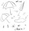 Vector doodle icons with umbrella, rain, hail, puddles