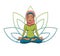 Vector doodle illustration of a cute young muslim girl in a scarf meditating in lotus pose with flower petals behind.