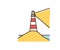 Vector doodle illustration of a lighthouse in the beach flashing its light signaling land to the sea. Hand drawn icon