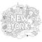 Vector doodle illustration showing Architecture and Culture of New York. Abstract background with hand drawn text New