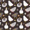 Vector doodle illustration with white and gray hens  chickens and chicken eggs on a dark background. Seamless pattern for wrapping