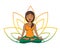 Vector doodle illustration of young cute indian girl meditating in lotus pose with flower petals behind.