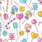 Vector doodle lollipops pattern. Bright sweet food hand drawn il
