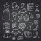 Vector doodle wedding elements set on black chalkboard background illustration