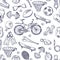 Vector doodles hand drawn seamless pattern of different sport accessories