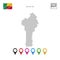 Vector Dotted Map of Benin. Simple Silhouette of Benin. The National Flag of Benin. Set of Multicolored Map Markers