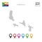 Vector Dotted Map of Comoros. Simple Silhouette of Comoros. National Flag of Comoros. Set of Multicolored Map Markers
