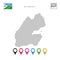 Vector Dotted Map of Djibouti. Simple Silhouette of Djibouti. National Flag of Djibouti. Set of Multicolored Map Markers