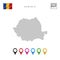 Vector Dotted Map of Romania. Simple Silhouette of Romania. The National Flag of Romania. Multicolored Map Markers