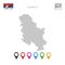 Vector Dotted Map of Serbia. Simple Silhouette of Serbia. The National Flag of Serbia. Set of Multicolored Map Markers