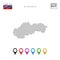 Vector Dotted Map of Slovakia. Simple Silhouette of Slovakia. National Flag of Slovakia. Set of Multicolored Map Markers