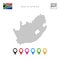 Vector Dotted Map of South Africa. Simple Silhouette of South Africa. National Flag of South Africa. Set of Map Markers