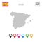 Vector Dotted Map of Spain. Simple Silhouette of Spain. The National Flag of Spain. Set of Multicolored Map Markers