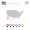 Vector Dotted Map of the USA. Simple Silhouette of the USA. National Flag of the USA. Set of Multicolored Map Markers