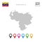 Vector Dotted Map of Venezuela. Simple Silhouette of Venezuela. National Flag of Venezuela. Multicolored Map Markers Set