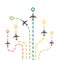 Vector dotted route of flight set with air planes. Collection of colorful plane traces. Airplanes trail set infographic elements